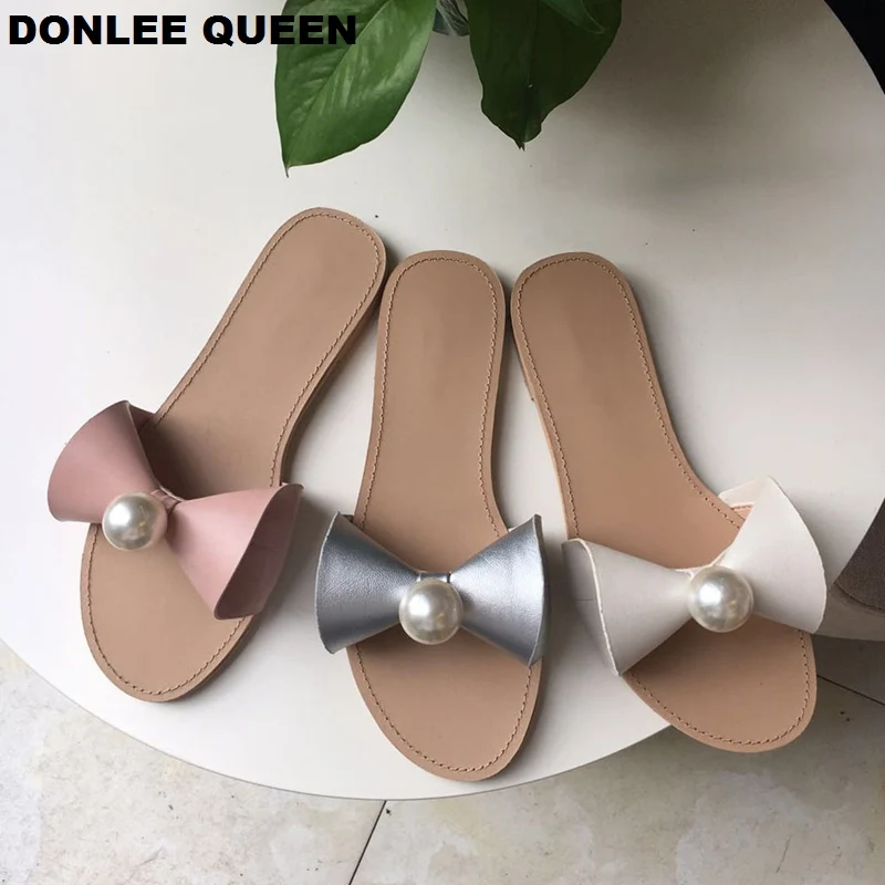 

2019 New Summer Slippers Casual Flat Heel Slides Fashion Rhinestone Sweet Slipper Beach Bow Flip Flops Brand Pearl Slipper Mujer