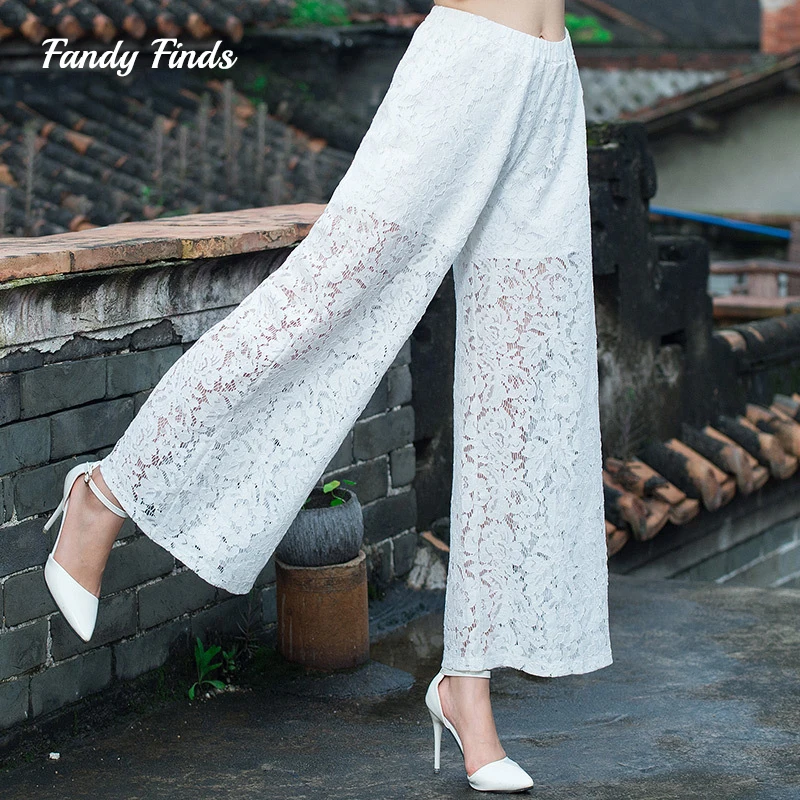 

Fandy Finds Women Summer Casual Pants Lace Diffuser Embroidery Elastic Waist Loose Style Lady Banquet Party Trousers