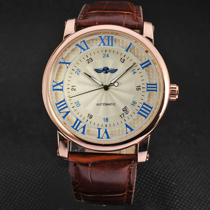 Relogio Relojes новые модные часы из розового золота, автоматические мужские механические часы с кожаным ремешком и датой на день