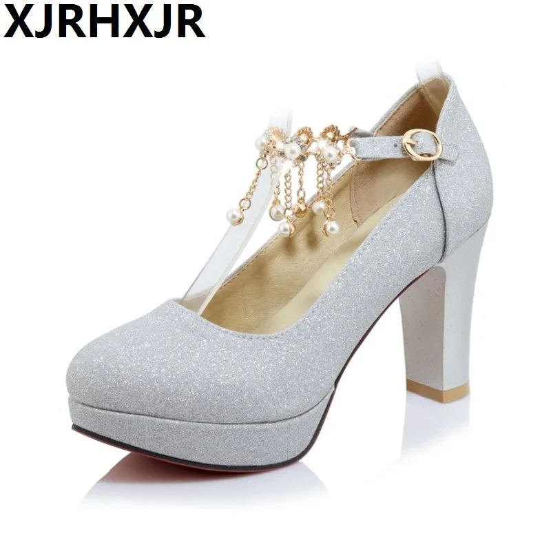 

XJRHXJR 2019 New Brand High Heels Glitter Wedding Shoes Pumps Hot Sale Fashion Thick Heel Platform Shoes Woman Big Size 33-43