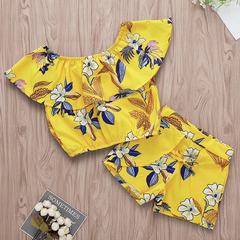 

Cukoe Summer Clothes Sets for Baby Girls Flower Print Off-shoulder Children Clothing 3-7 Years Old Toddlers Kids Suits