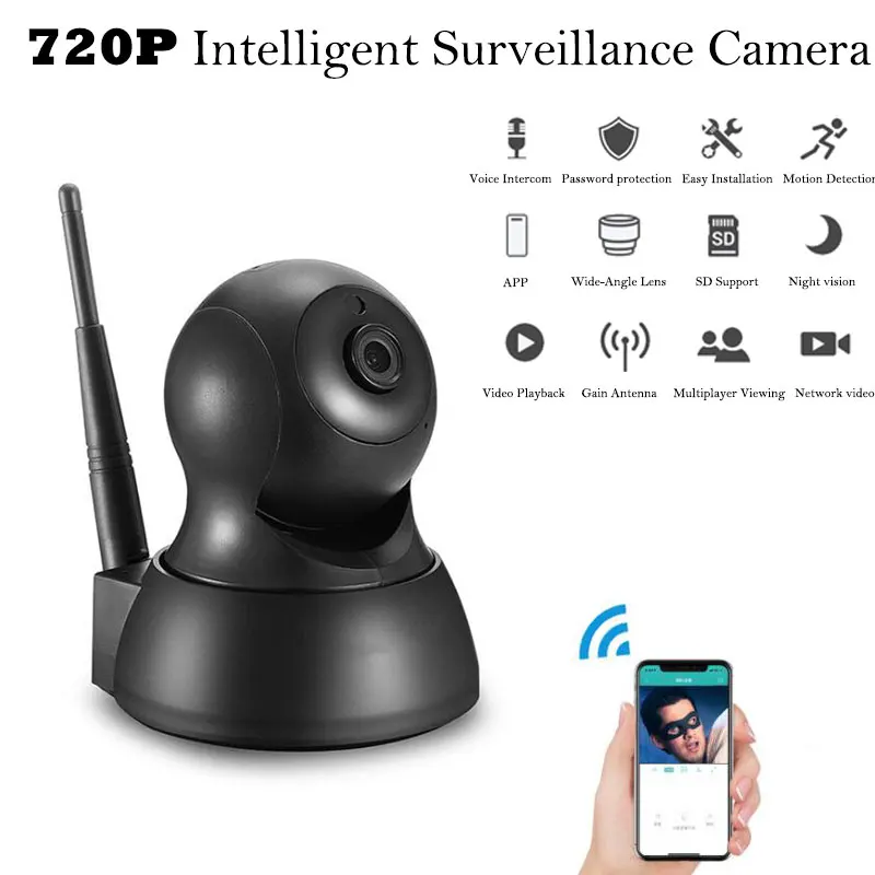 720P intelligent surveillance camera home wireless WiFi network HD night vision monitor Black | Безопасность и защита