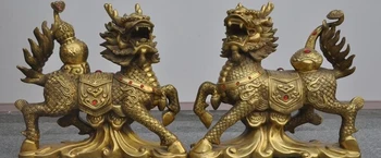 

13"Chinese Brass Fengshui Gourd Ruyi Beast Kirin Unicorn Kylin Lucky Statue Pair
