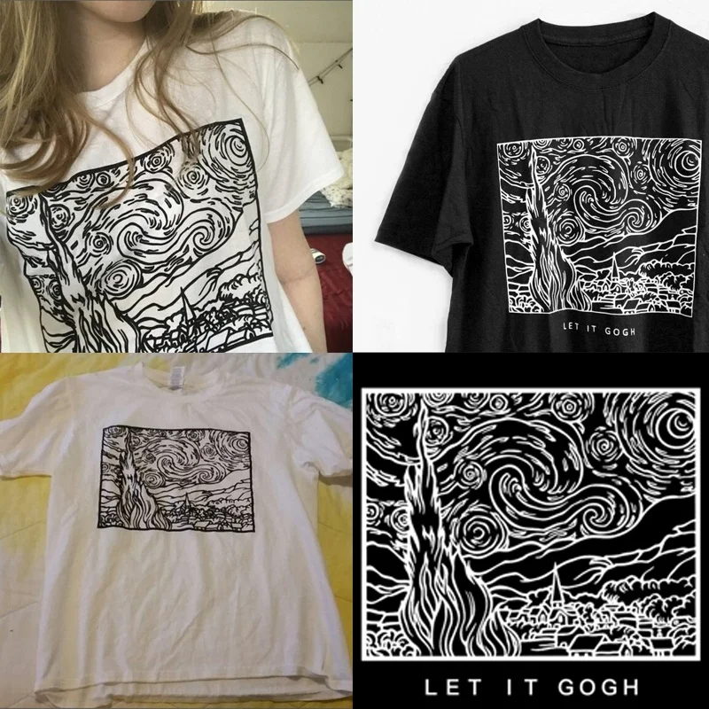 

PUDO-XSX 1PCS White Black Tshirt Van Gogh Starry Night Outline T-Shirt Unisex Tumblr Grunge Aesthetic Graphic Tee Art Shirt