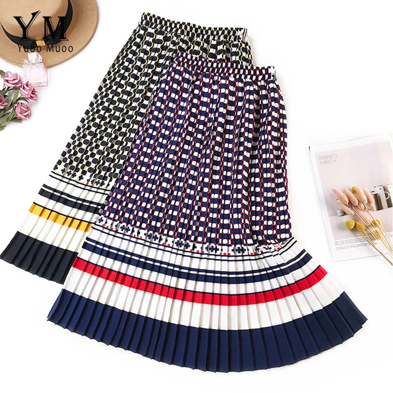 

YuooMuoo Vintage Plaid Print Pleated Skirt Women 2019 Europe Retro High Waist Casual Plissee Skirt Summer Hot Silk Women Skirt