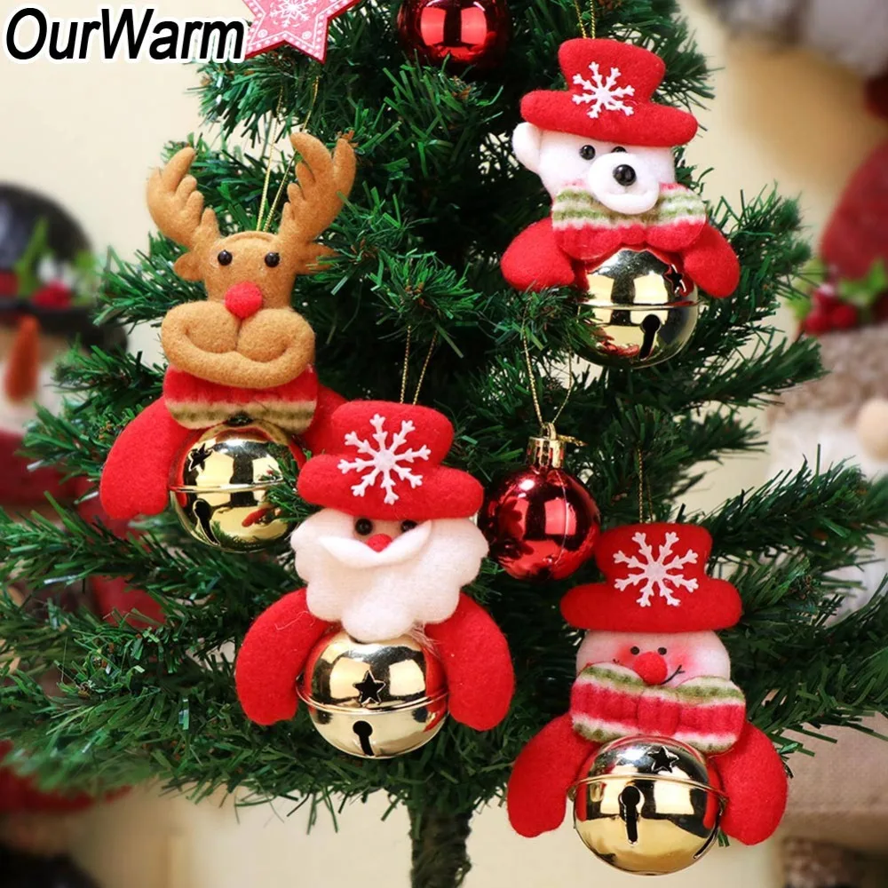 OurWarm 4Pcs Santa Claus Snowman Reindeer Mini Dolls Jingle Bell Merry Christmas Hanging Ornament Christmas Decorations