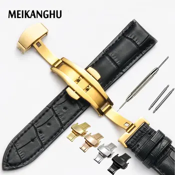 Genuine Leather Watchband Rose Gold Butterfly Buckle Watch Band Croco Grain Bracelet for Watch Strap 16 18 19 20 21 22 mm Cinta leather watchband strap 12 14 16 18 19 20 22 24 mm stainless steel buckle men women replace band watch accessories