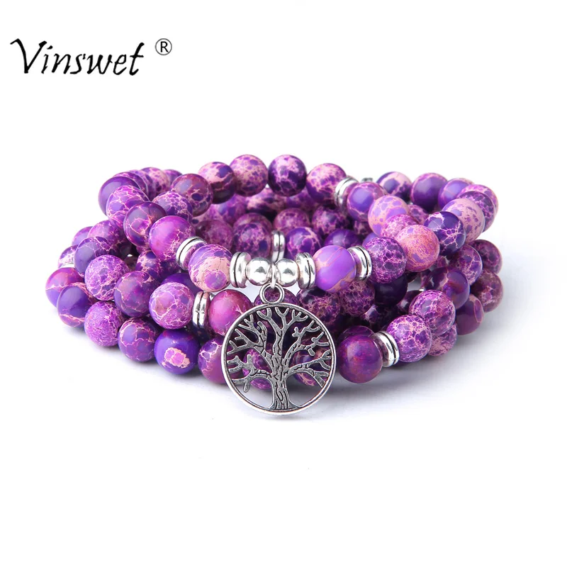 

108 Mala Necklace Natural Stone Purple Imperial Jaspers Beads with Lotus OM Buddha Charm Bracelet for Women Men Fashion Jewelry