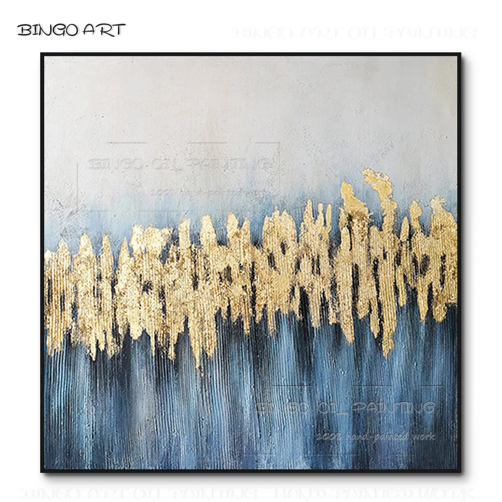 

Skilled Artist Hand-painted High Quality Blue and Gold Foil Abstract Oil Painting on Canvas Beauty Abstract Golden Foil Painting
