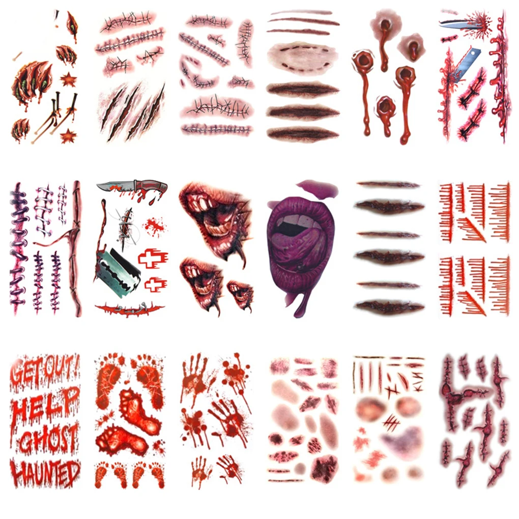 

18 Sheets Halloween Terror Wound Realistic Blood Injury Scar Fake Tattoo Waterproof Temporary Bleeding Body Arm Sticker