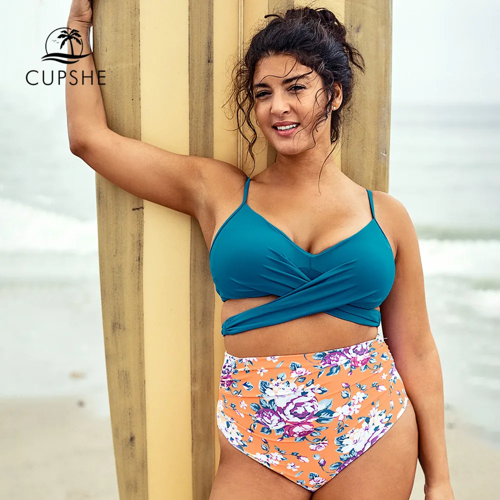 Размера плюс бикини CUPSHE Ocean Blue на шнуровке женский купальник с цветочным принтом