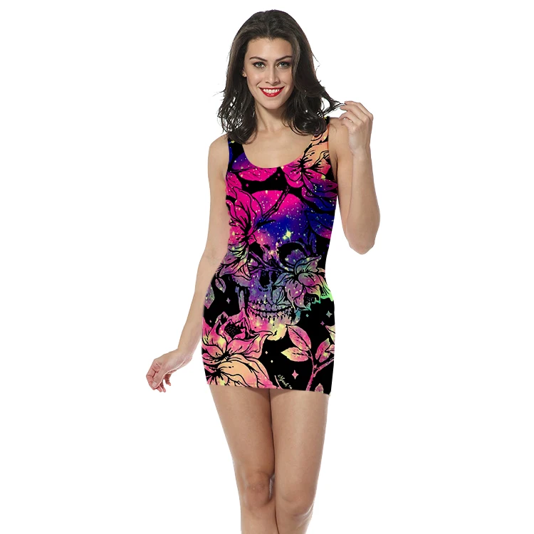 

3D Print women clothing tank top dress Gothic rose skull straight sleeveless dress Quality flower Retro vestidos Dropshipping-13