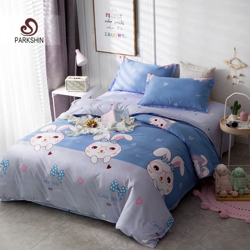 

ParkShin Cartoon Bedding Set Rabbit Bedspread Blue Bed Flat Sheet Double Queen King Bedclothes Home Textiles Duvet Cover Set