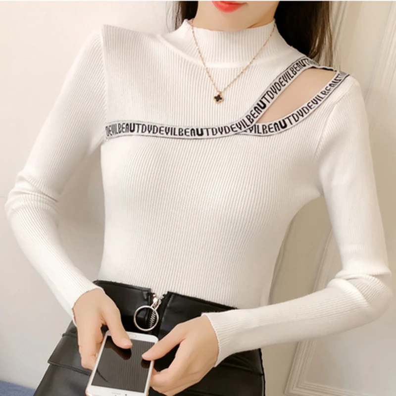 Turtleneck Sweater Elasticity Sexy Off Shoulder Korean Winter Woman Sweater Letter Embroidery Pullover Women Slim Sweaters 