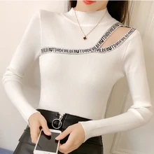 Turtleneck Sweater Elasticity Sexy Off Shoulder Korean Winter Woman Sweater Letter Embroidery Pullover Women Slim Sweaters 