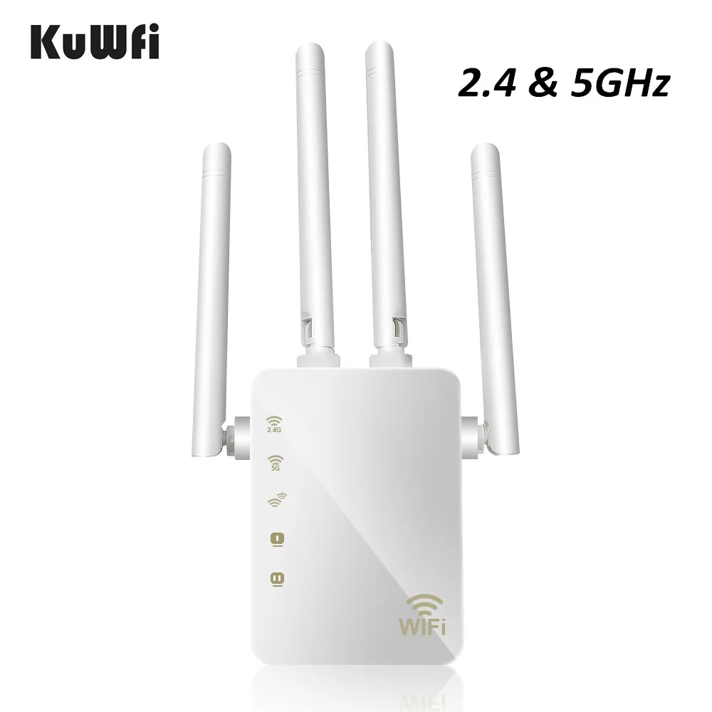 KuWFi 1200 Мбит/с Wi-Fi ретранслятор с 4 внешними антеннами, 2 порта Ethernet, 2,4& 5 ГГц двухдиапазонный усилитель сигнала с полным покрытием Wi-Fi