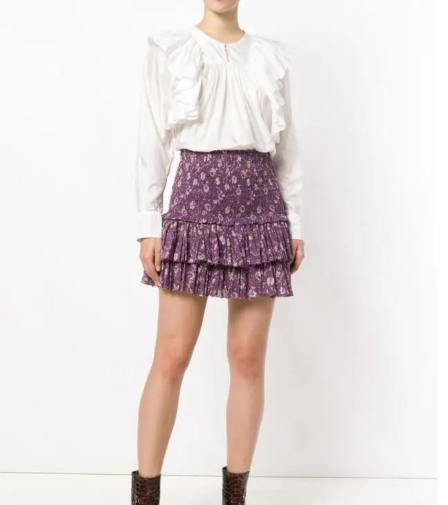 

Purple Floral Print Top Blouse Shirt Front ButtonedLong Sleeves match Short Ruffled Skirt High Smocked Waist 2 pieces set Woman