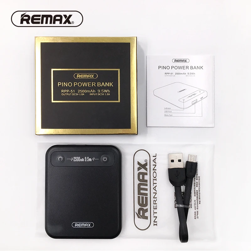 REMAX PINO power Bank 2500 мАч 9.5Wh мини портативное зарядное устройство, полимерный аккумулятор, внешний аккумулятор, power Bank с кабелем micro usb