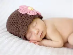 Новорожденных крючком фото реквизит, 100% хлопок новорожденных шляпа, шляпы для девочек шапки, ребенок коричневый шляпа с розовым цветком
