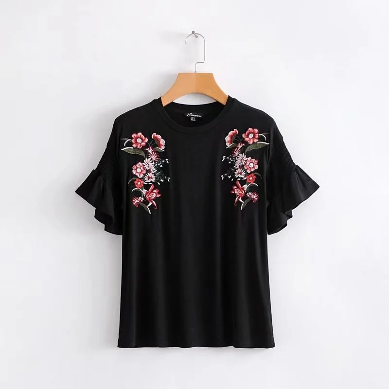 Elegant T shirt Women Sweet Floral Embroidery T Shirt O Neck Short ...