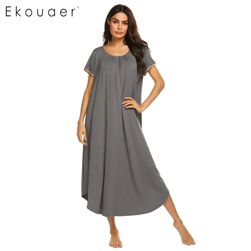 

Ekouaer Women Long Nightshirt Summer Sleepwear Solid O Neck Short Sleeve Nightdress Soft Sleepshirts Female Lounge Nightgown