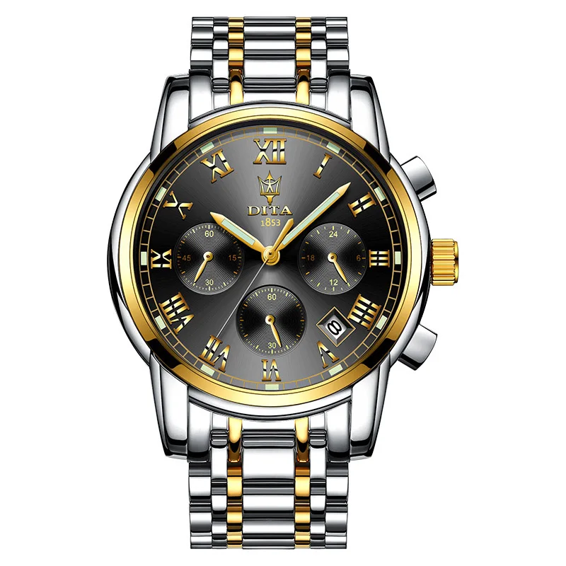 Золотые часы из нержавеющей стали с хронографом, спортивные кварцевые часы для фитнеса, мужские часы - Цвет: BK005