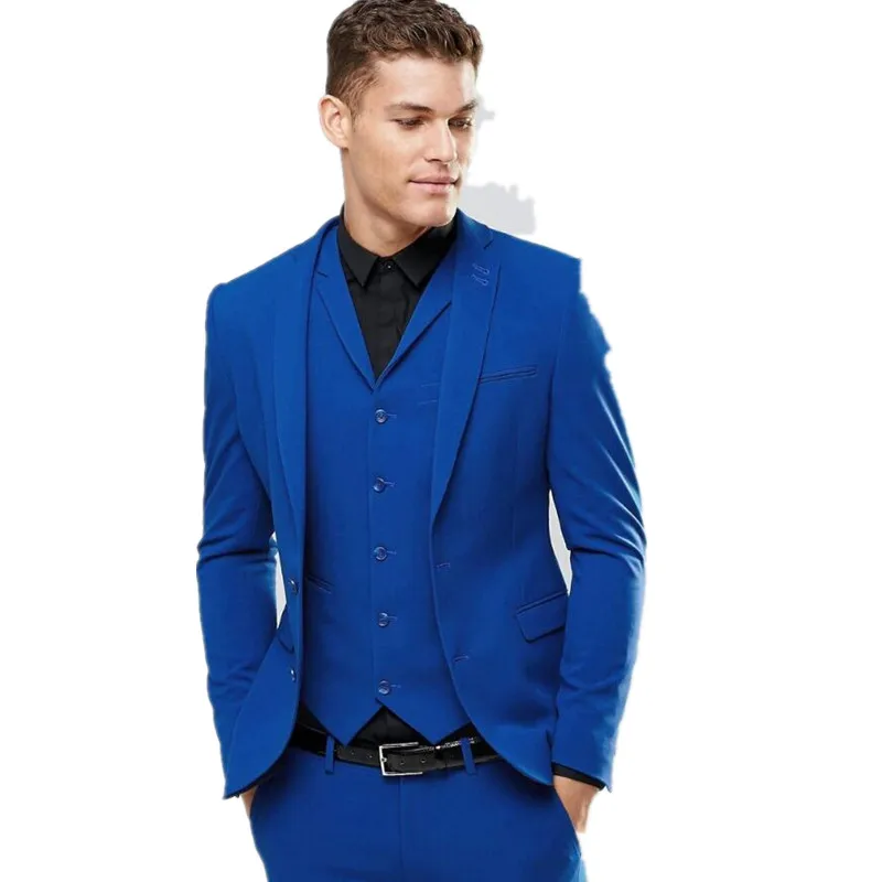 44 (1) Custom Made Blue Men's Wedding Prom Suits 3 Pieces Best Man Bridegroom Tuxedos Two Button Blazer Handsome Dinner Costumes
