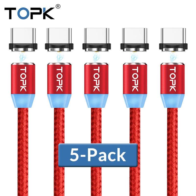 TOPK [5-Pack] R-Line2 светодиодный магнитный кабель usb type C для samsung Galaxy Note 9 One Plus 6 type-C USB C зарядный кабель