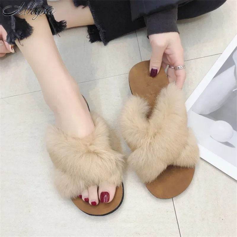 

Mhysa 2019 Fashion Flip Flops Slippers Women interior and outdoor Sliders Faux Fur Summer Flats Sweet Women's slippers T115