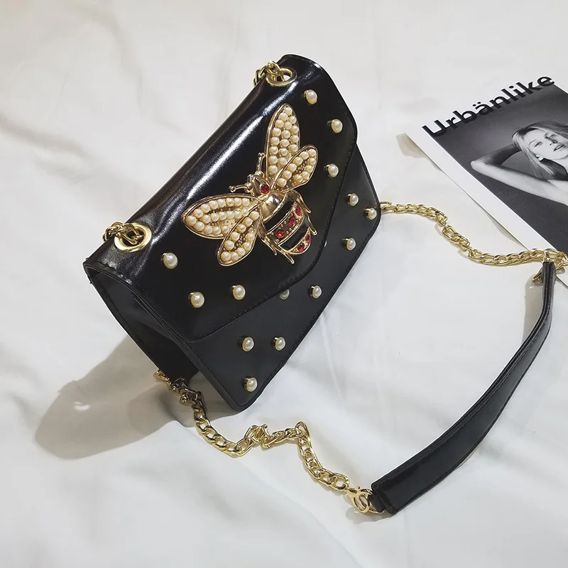 Women Luxury Designer Rhinestones Bee Leather Shoulder Bags 2017 Small Chain Crossbody Bag For Girls Ladies Bags Bolsa Feminina