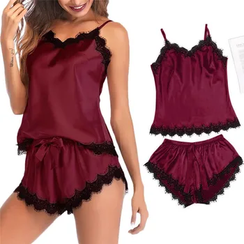 

2pcs Women Sexy Satin Lace Appeal Sleepwear Clothing Nightdress Sleep Wear Lace Cami Pants Suits