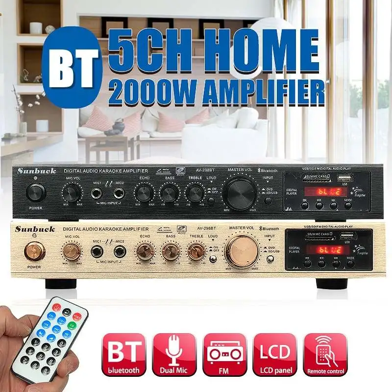 Online 298B bluetooth 2,0 canales 2000W 5 canales Audio amplificador de potencia 220V AV Amp altavoz con soporte de Control remoto FM USB tarjetas SD