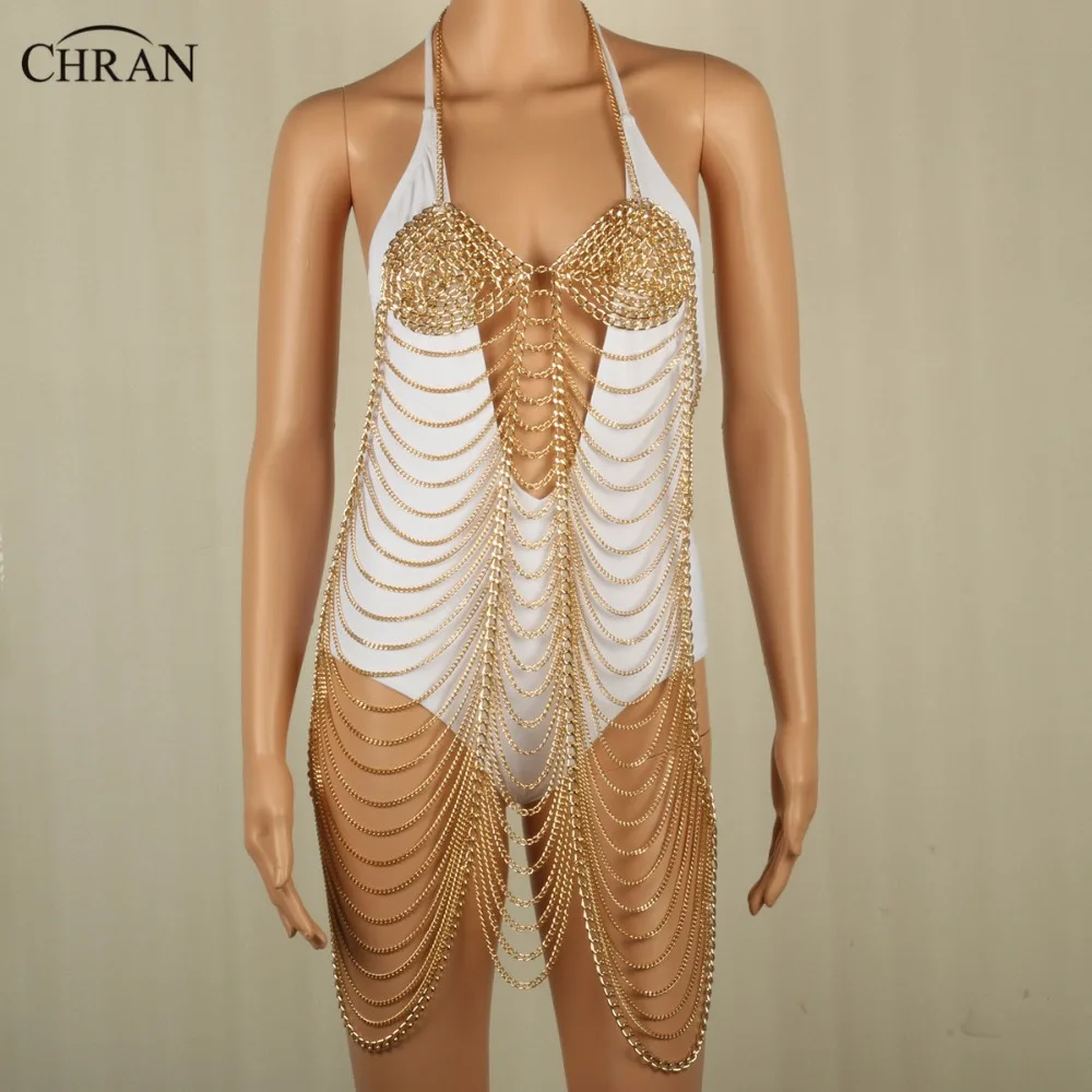 CHRAN Gold Color Bikini Women Waist Vintage Jewelry Tone Mesh Multi Layer Sexy Bra Slave Harness Body Necklace Chain Dress