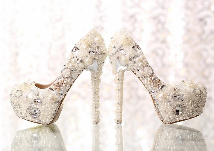 Classic Heels White Pearl Bride Bead Shoes Graduation Prom Pumps Bridal Wedding Dress Shoes