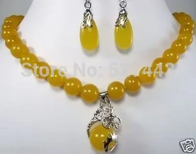 

free shipping>>> Wholesale JWEW6553 Pretty 10MM yellow Natural stone necklace 18" earring Set (A0511)