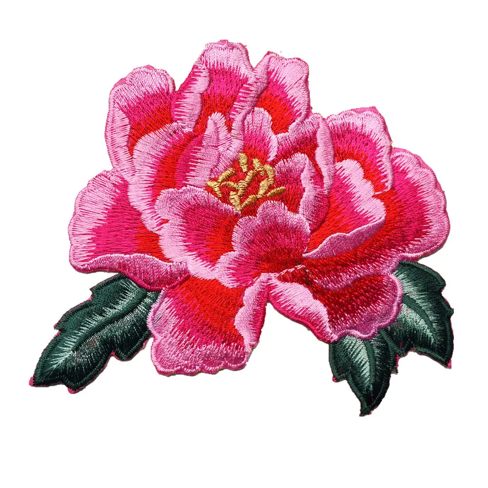 New Embroidered Flower Applique Iron On Sew On Patch Clothing Peony crafts PINK
