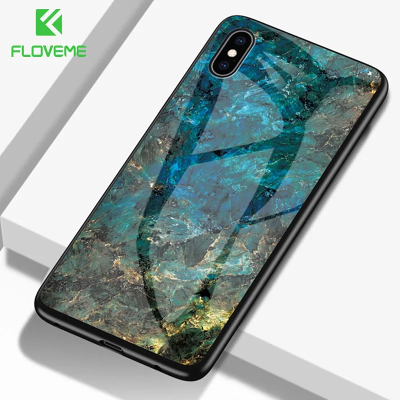 FLOVEME Tempered Glass Phone Case For iPhone 7 X XR XS MAX Marble Hard Cases 8 6 6S Plus Colorful Back Cover Funda |