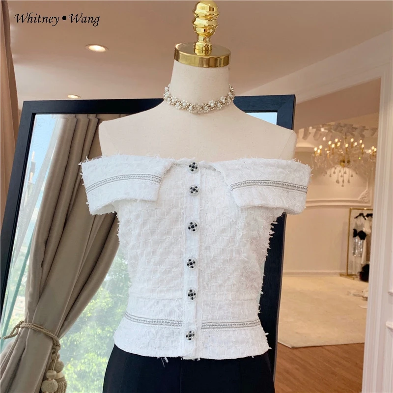 

WHITNEY WANG 2019 Summer Fashion Streetwear Sexy Slash neck Diamonds Buttons Tweed Blouse Women blusas Shirt Tops