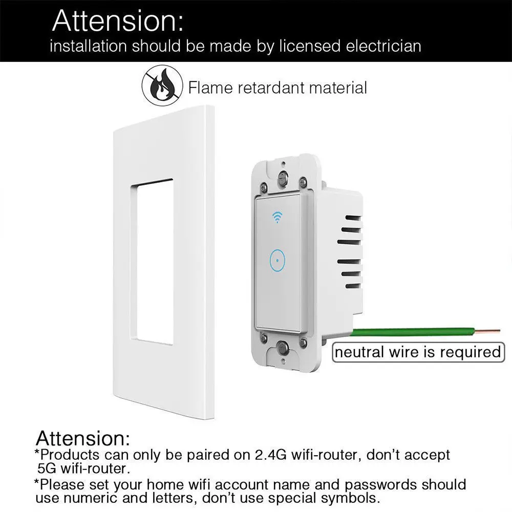 Умный настенный выключатель с Wi-Fi, мобильное приложение, дистанционное управление, не требуется концентратор, работает с Amazon Alexa Google Home IFTTT Homekit