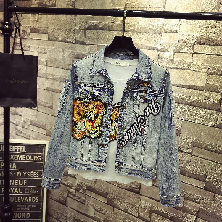Mode Printemps Vestes Manches Tigre 2018 Bleu Blue Été Nouveau Longues Denim Femmes De Clair Outwear Manteau À Jeans Trou Broderie Étudiants fZwxI5qx4