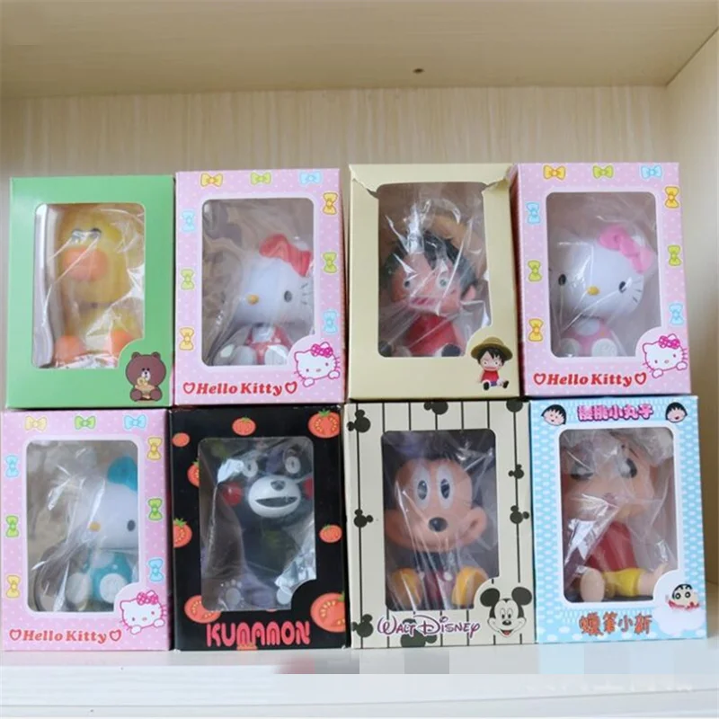 

12piece 10cm very cute mickey brown bear hello kitty Chi-bi Maruko Crayon Shin-chan shaking head Anime Figures with color box