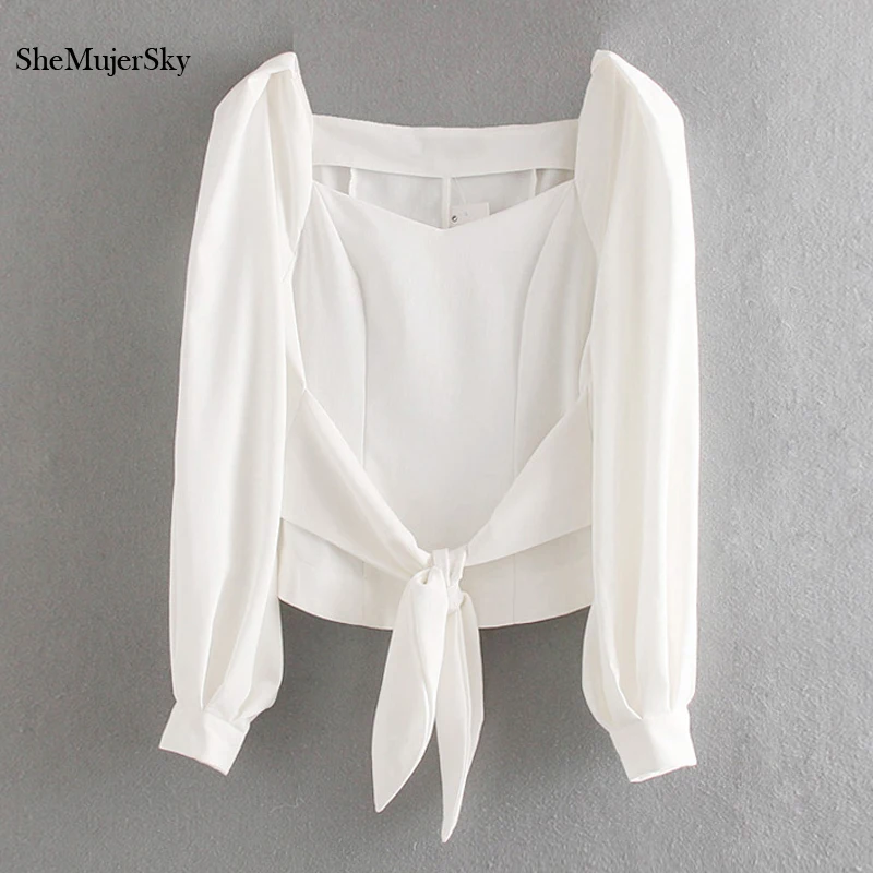 

SheMujerSky Women White Long Sleeve Blouse Autumn Square Collar Bandage Shirt 2019 Ladies Tops camisa blanca mujer