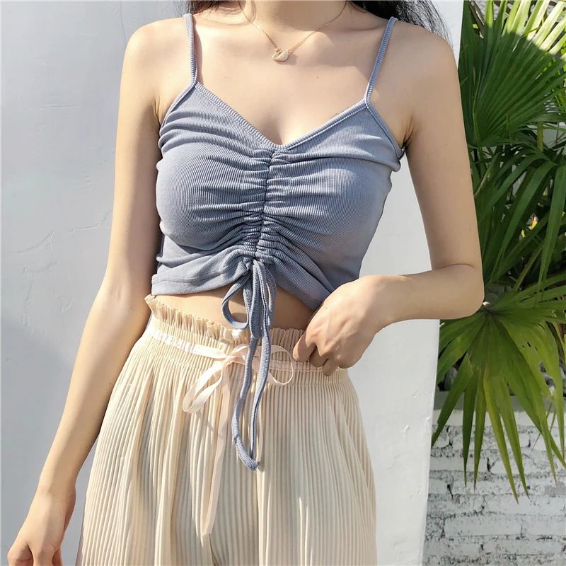 

2019 summer women's new sexy fashion casual nightclub home V-neck wear exposed navel short drawstring thread strap vest