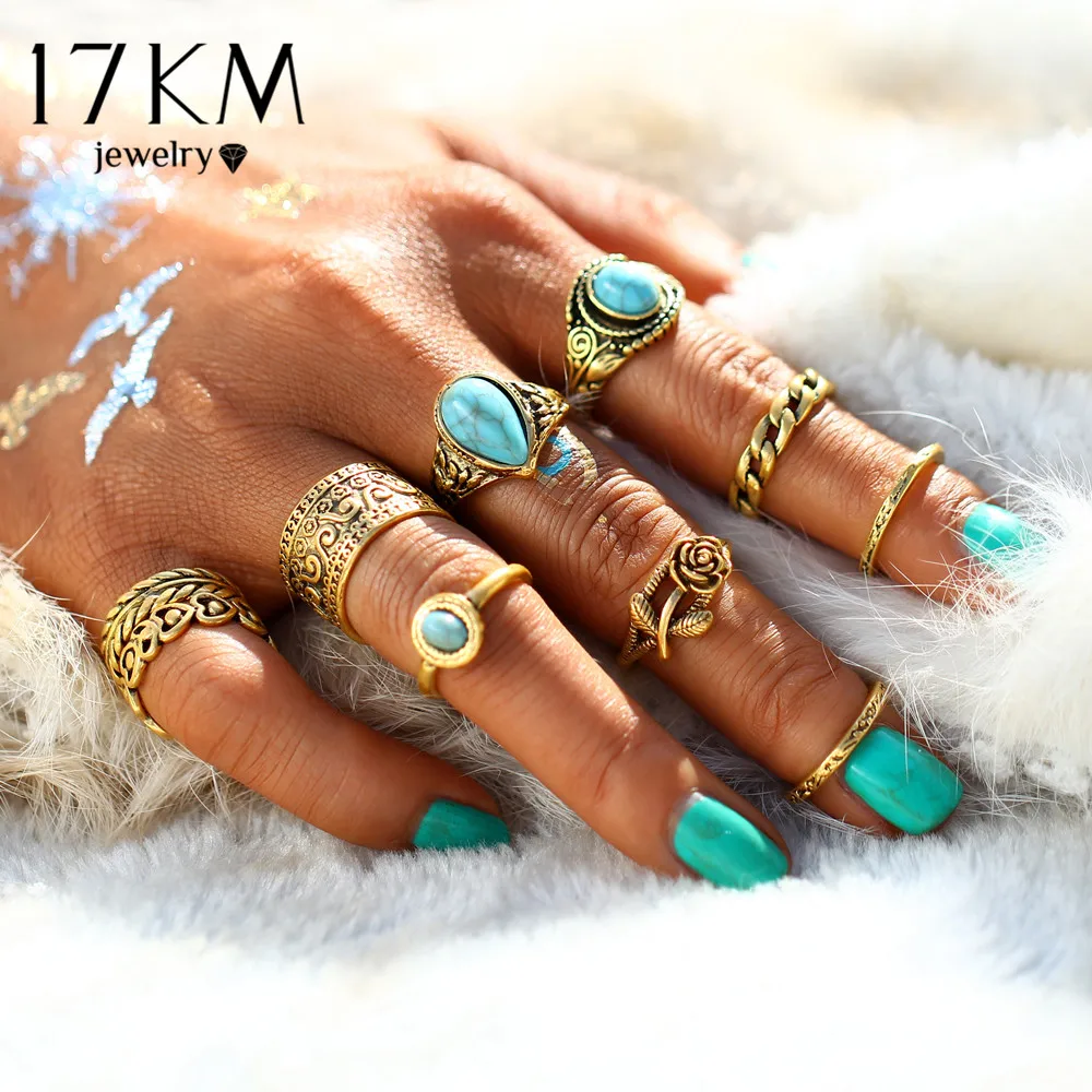 17 КМ Vintage 2 Цвет Розы Сердце Midi Кольцо Устанавливает Boho Пляж Anillos урожай Тибетский Цветок Костяшки Кольца для Женщин Человека кастет оружие Панк Ювелирные перстень Изделия кольцо женское кольца