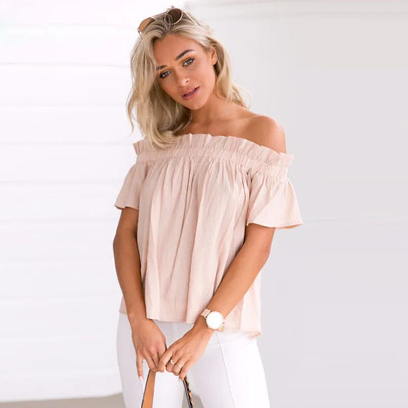 Off Shoulder Blouse Shirt Women Tops Ruffles Sexy Chiffon Blouse Elastic Collar Summer Top Chemise Femme Blusas08