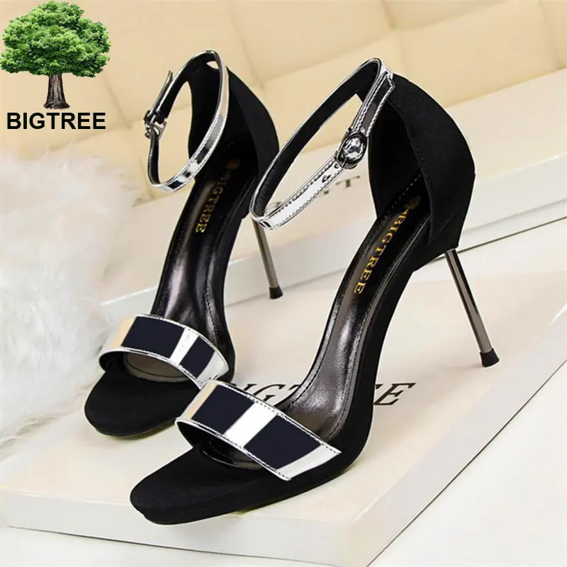 BIGTREE Summer Concise Thin Heels Sandals Women PU Leather Flock Fashion Buckle High Shoes Open Toe Women's Dress | Обувь