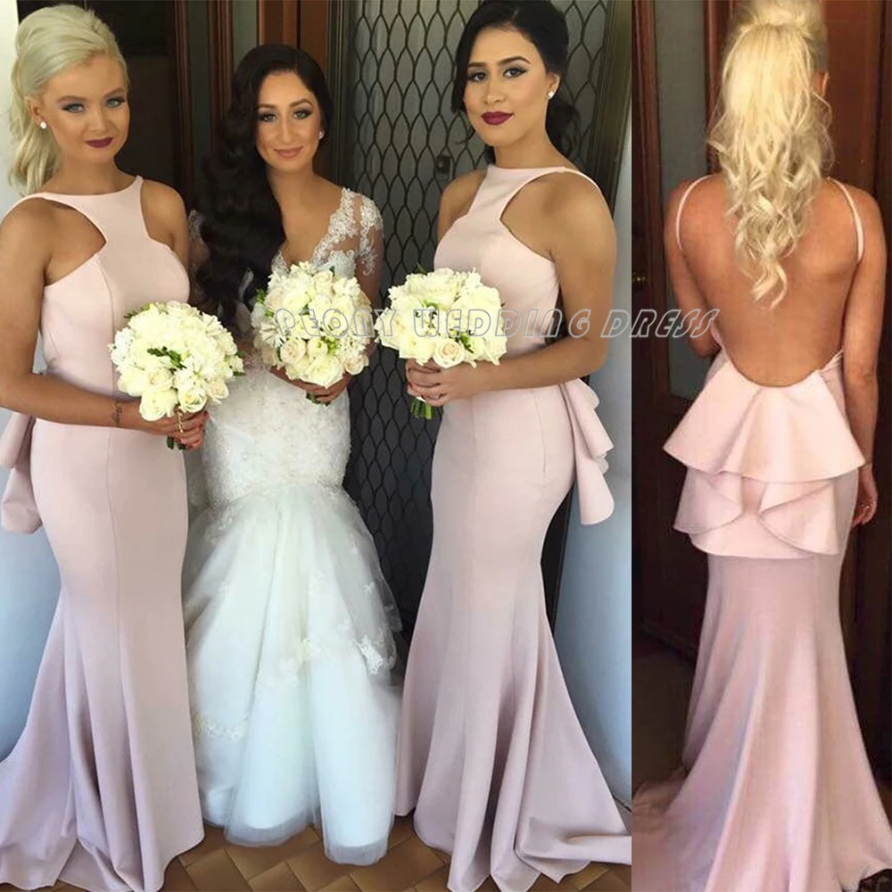 Unique Halter Long Mermaid Bridesmaid Dresses Sexy Satin Light Pink
