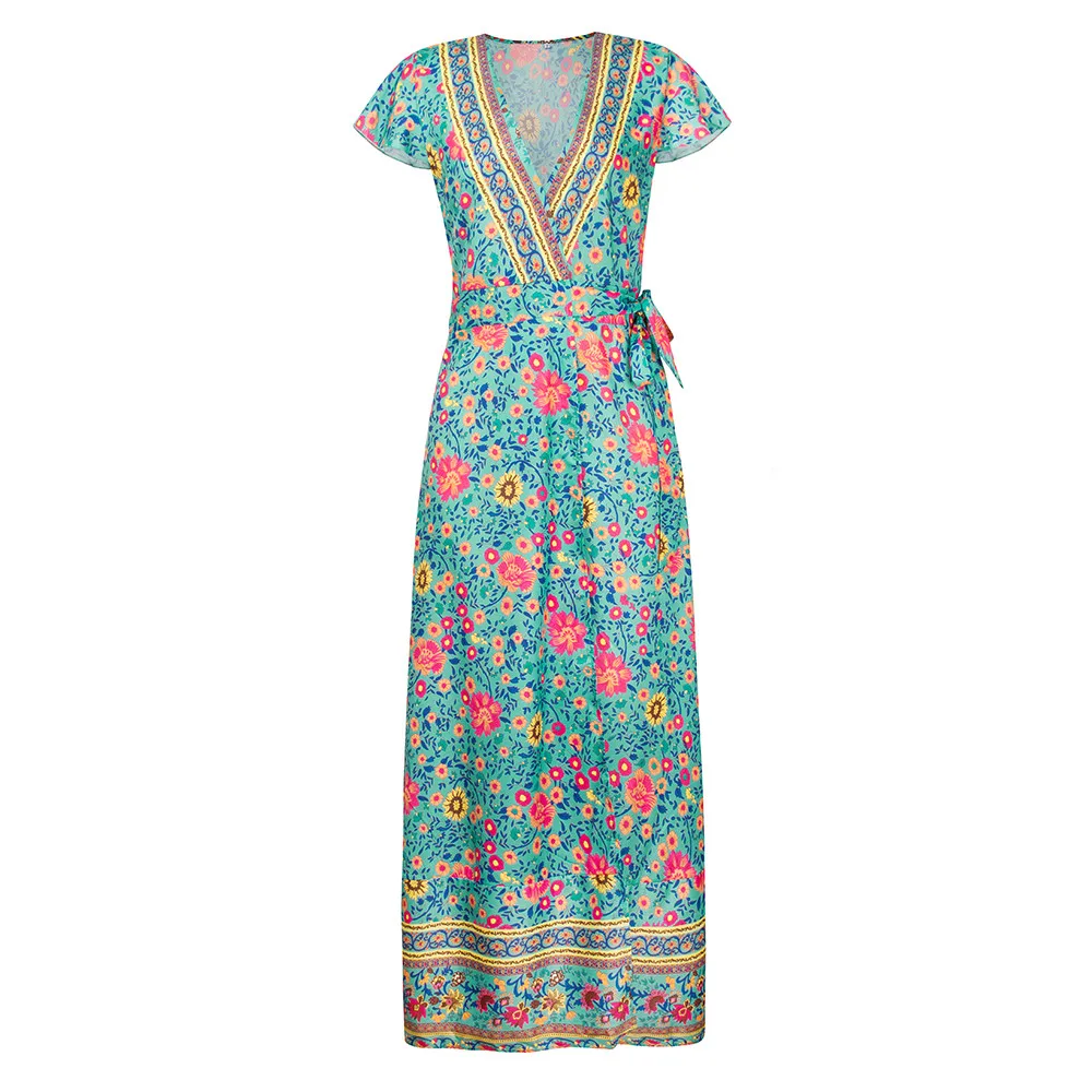 

2019 Womens Boho V-Neck Floral Summer Party Evening Beach Long Dress Sundress high quality W406