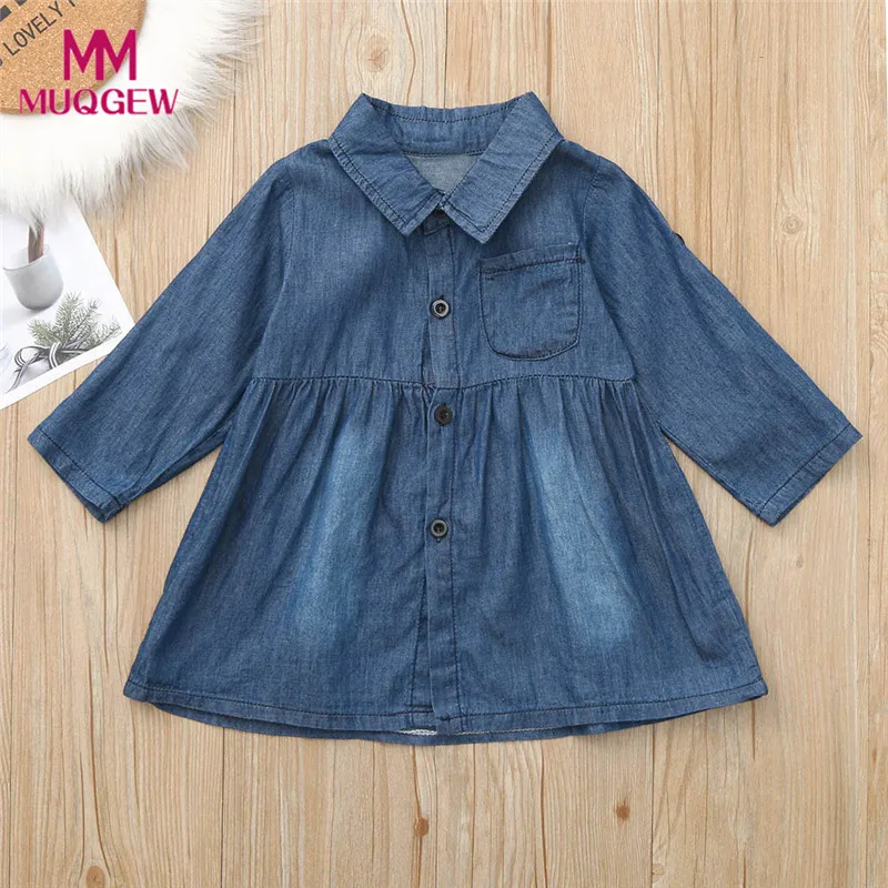 

Toddler Baby Girls Long Sleeve Solid Button Denim Shirt Dress Jean Dresses girl dresses kids casual roupa infantil menina #sg