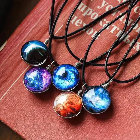 

2017 New Stars Ball Glass Collares Duplex Planet Crystal Galaxy Pattern Leather Chain Pendant Necklace For Women Girlfriend Gift